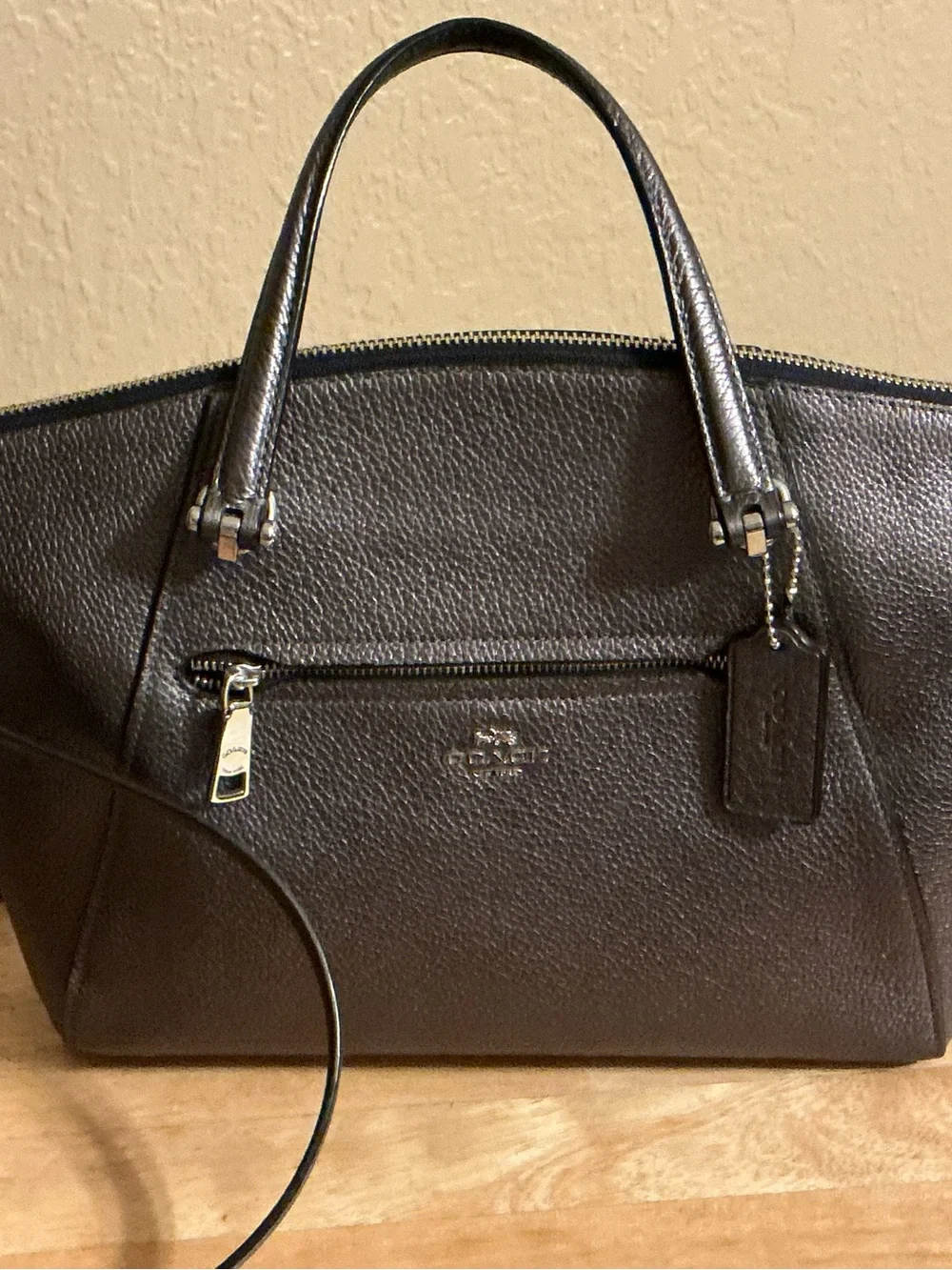Coach Prairie Satchel Metallic Platinum Pebble Leather Crossbody Handbag